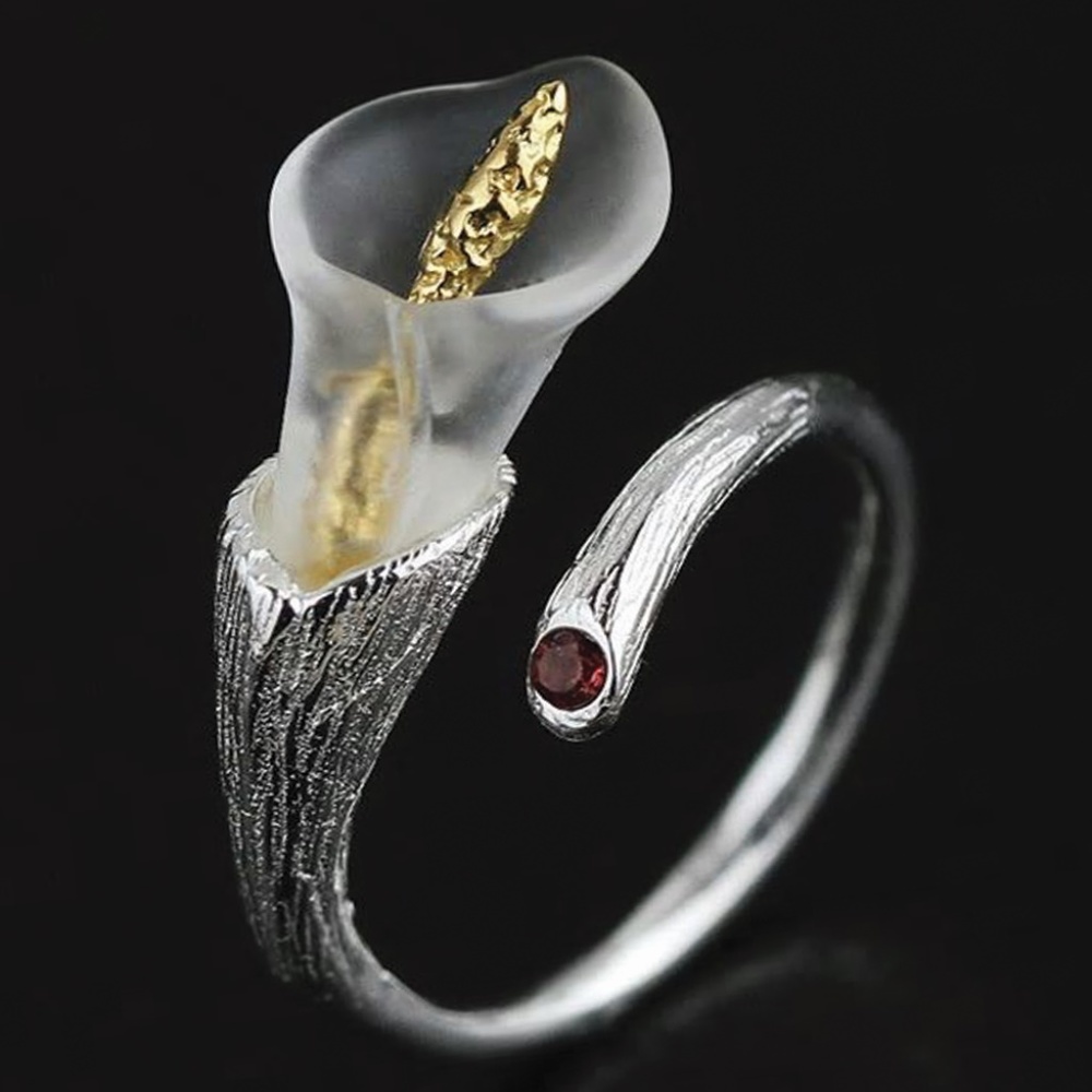 925 Sterling Silver Crystal Calla Lilly Flower Open Garnet Ring